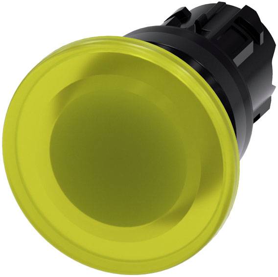 Gelber runder Druckknopf ohne Aufschrift, geeignet für elektronische Steuerungen oder Maschinen, vor weißem Hintergrund.