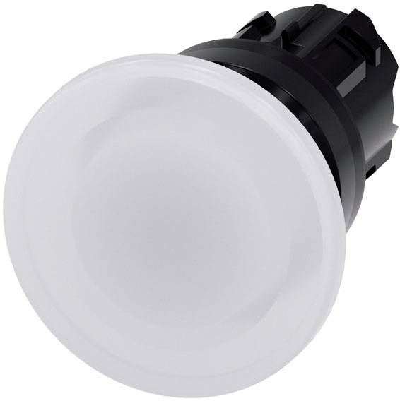 Schwarzer runder LED-Drucktaster mit weißer Kappe, verwendet zur Steuerung in elektronischen Geräten oder Maschinen.