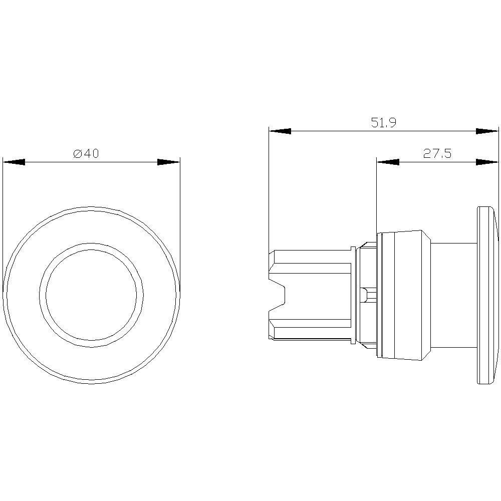 Technische Zeichnung eines zylindrischen Bauteils mit Maßen: Durchmesser 40 mm, Länge 51,9 mm. Seitenansicht zeigt Detailansicht.