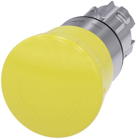 Gelber Not-Aus-Taster von Siemens, Modell 3SU1. Verwendet zur Sicherheitsabschaltung von Maschinen.