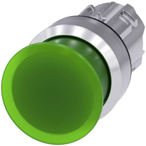 Grüner Knopf für Maschinensteuerung, rund und aus Metall, vor weißem Hintergrund.