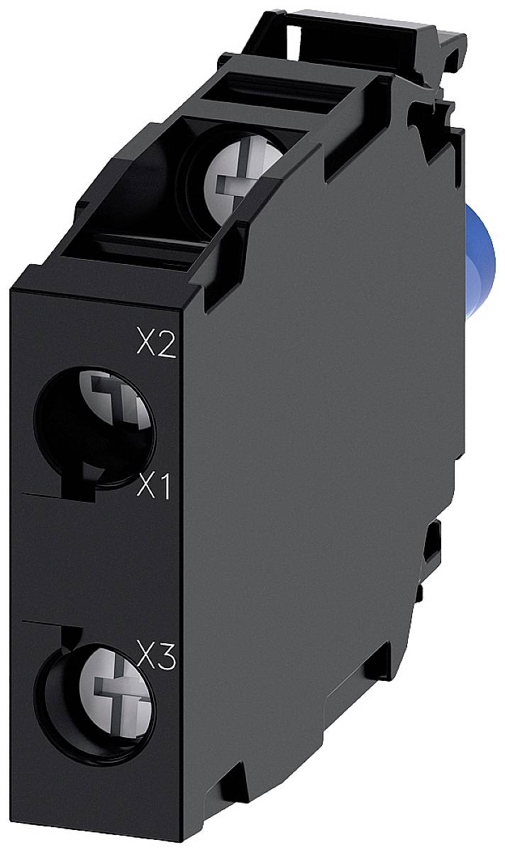 Schwarzes elektronisches Bauteil mit blauen Elementen und Beschriftungen 'X1', 'X2', 'X3'. Möglicherweise ein Anschlussmodul.