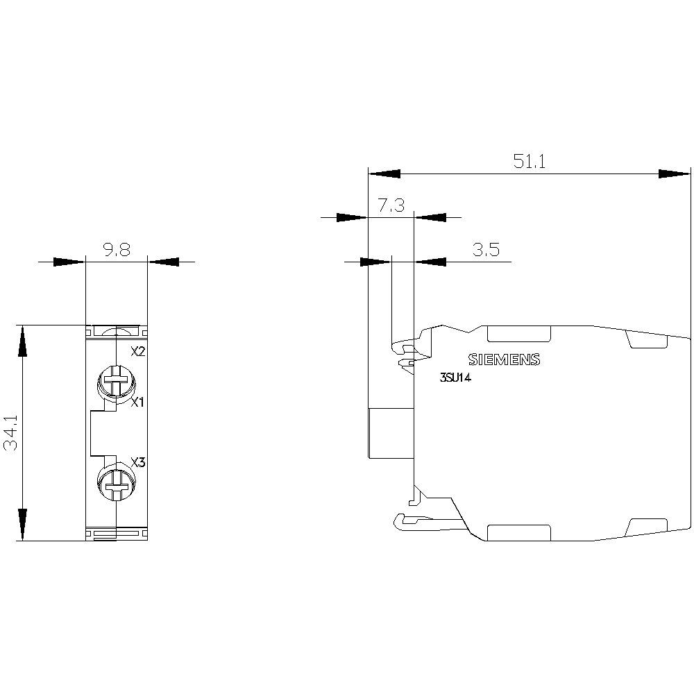 Technische Zeichnung eines Siemens Relais mit Abmessungen: Breite 9.8 mm, Höhe 34.1 mm und Tiefe 51.1 mm, seitliche Anschlüsse X1, X2, X3.