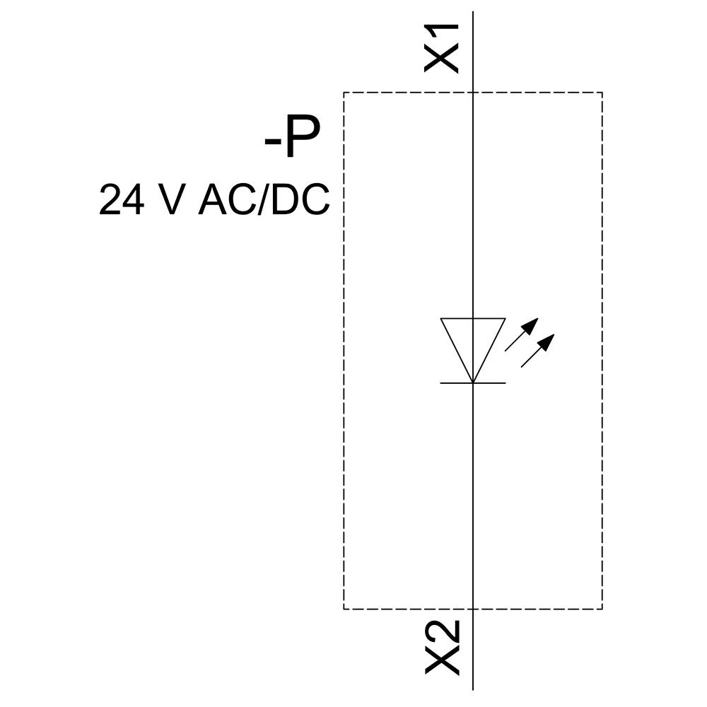 Diagramm zeigt einen Stromkreis mit einer Leuchtdiode, die mit -P und '24 V AC/DC' beschriftet ist. Strom fließt von X1 zu X2.