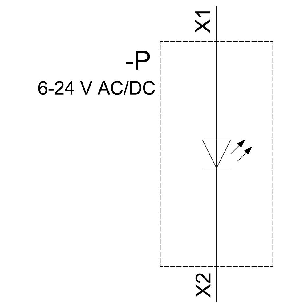 Schaltskizze zeigt ein LED-Modul, gekennzeichnet mit '6-24 V AC/DC', mit Anschlüssen X1 und X2. Markierung '-P' oben links.