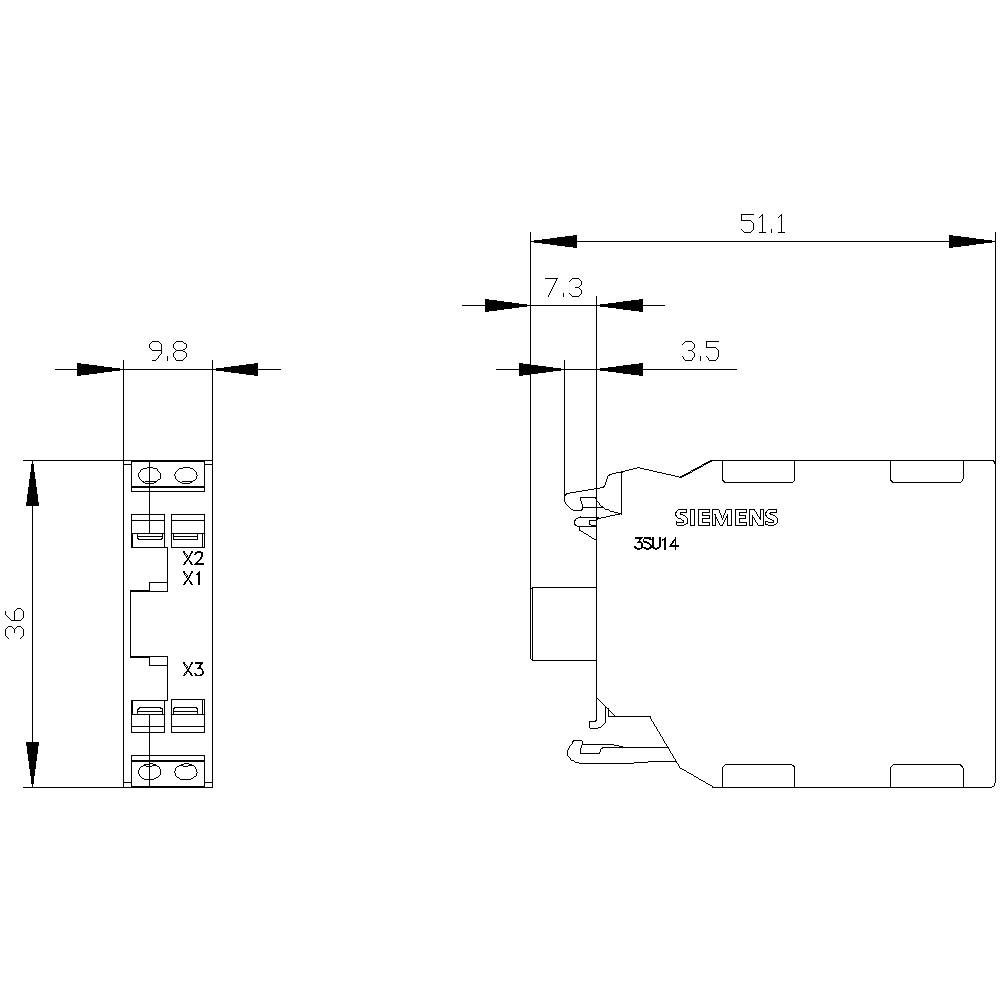 Technische Zeichnung eines elektronischen Bauteils mit Maßen: Breite 9.8mm, Höhe 36mm. Seitenansicht: Breite 51.1mm, Tiefe 7.3mm. Gehäuse beschriftet mit 'SIEMENS'.