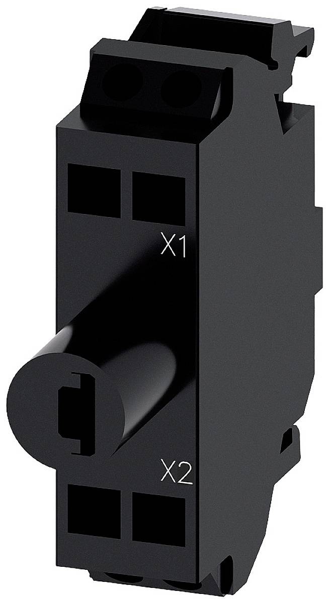 Schwarzes elektrotechnisches Bauteil mit einem Hebel vorne und den Beschriftungen 'X1' und 'X2'.