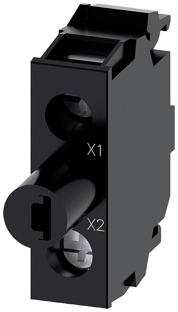 Ein schwarzes elektrisches Ersatzteil mit Beschriftungen 'X1' und 'X2'. Es hat eine zylindrische Form mit zwei runden Öffnungen.