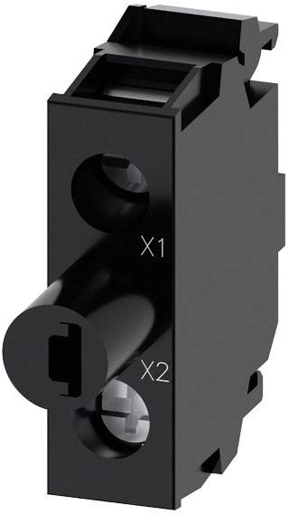 Schwarzes elektrisches Bauteil mit zwei runden Öffnungen, gekennzeichnet mit 'X1' und 'X2', vermutlich Teil einer Schaltanlage oder eines Stecksystems.