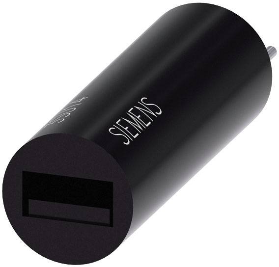 Schwarzer USB-Ladegerätadapter von Siemens, zylindrische Form, mit USB-Anschluss zum Aufladen von elektronischen Geräten.