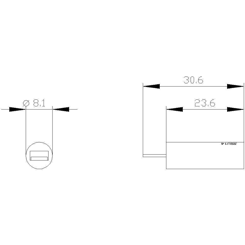 Technische Zeichnung eines zylindrischen Objekts mit einem Durchmesser von 8,1 mm, einer Länge von 23,6 mm, Gesamtlänge 30,6 mm.