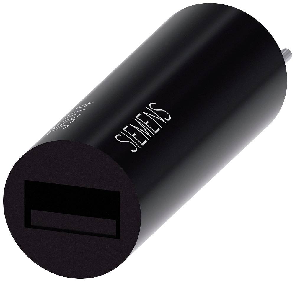 Schwarzes zylindrisches USB-Ladegerät mit dem Aufdruck 'Siemens'.