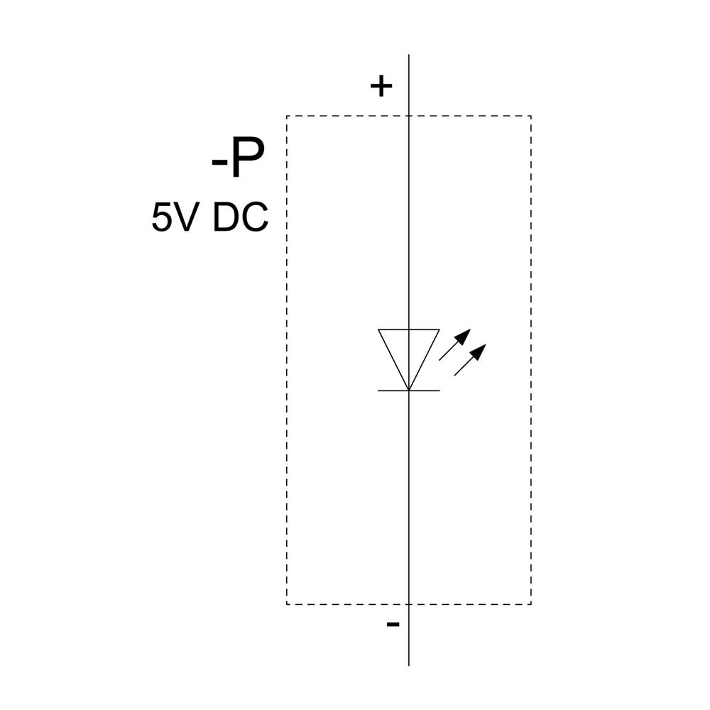 Schaltsymbol für LED: Diode mit zwei Pfeilen nach außen. Spannung: 5V DC, polarisiert mit Plus und Minus.