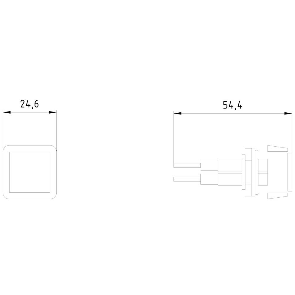 Technische Zeichnung eines quadratischen Schalters mit den Maßen 24,6 mm x 54,4 mm. Zeigt Seiten- und Vorderansicht.