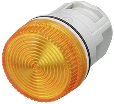 Orangefarbene Warnleuchte auf grauem Sockel, oft genutzt als Sicherheitsanzeige in Maschinen oder elektrischen Anlagen.