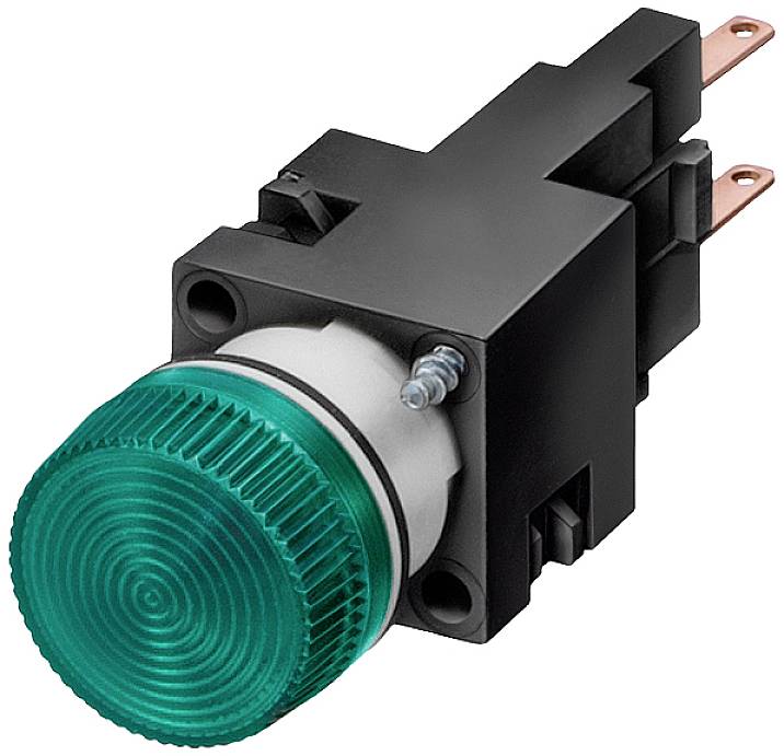 Ein grüner Drucktastenschalter aus Kunststoff mit runder Kappe und zwei Metallkontakten, geeignet für elektrische Schaltungen.