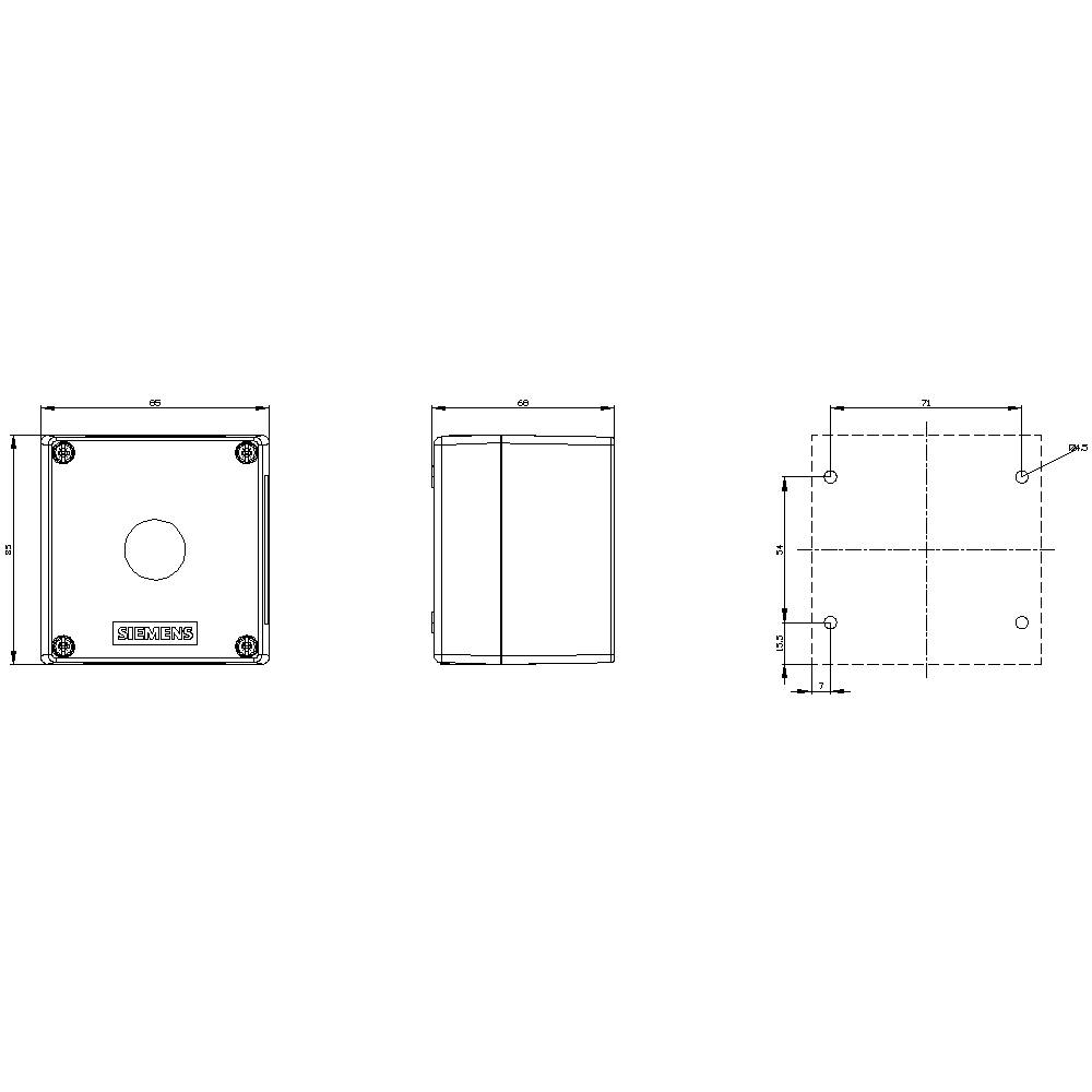 Technische Zeichnung eines rechteckigen Gehäuses mit Abmessungen in den Ansichten: Vorderseite, Seite und Obenansicht.