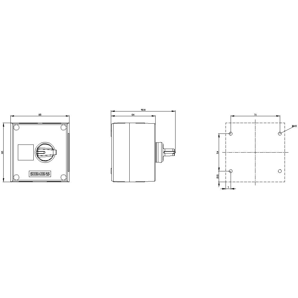 Technische Zeichnung eines quadratischen Bauteils mit Maßen und Seitenansichten. Zeigt Front-, Seiten- und Draufsicht.