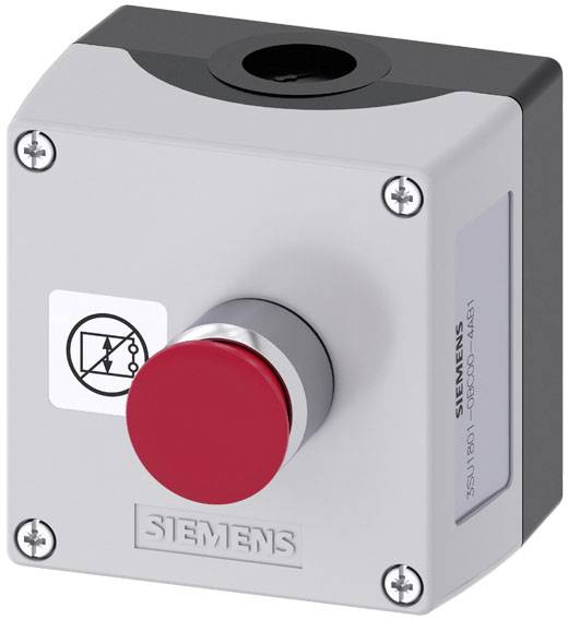Grauer Siemens-Not-Aus-Schalter mit rotem Knopf, symbolisiert Sicherheitsvorrichtung zur schnellen Maschinenabschaltung in Notfällen.
