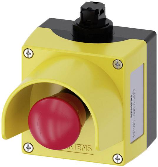 Gelber Not-Aus-Schalter mit rotem Druckknopf in Gehäuse. Wird zur schnellen Abschaltung von Maschinen in Notfällen verwendet.