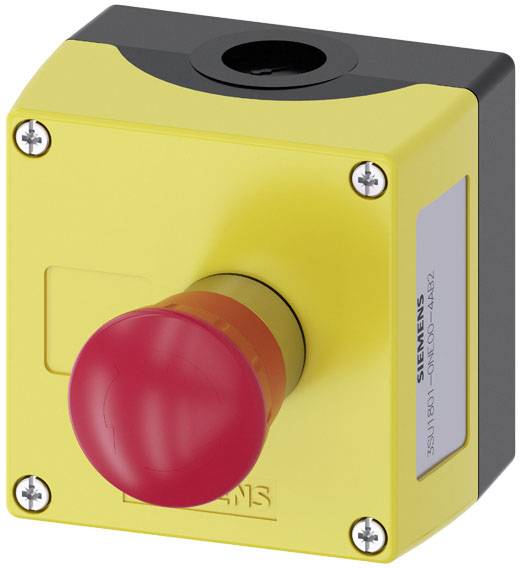 Gelber Not-Aus-Schalter mit rotem Knopf und Siemens-Logo. Wird in Notfällen zum sofortigen Maschinenstopp verwendet.