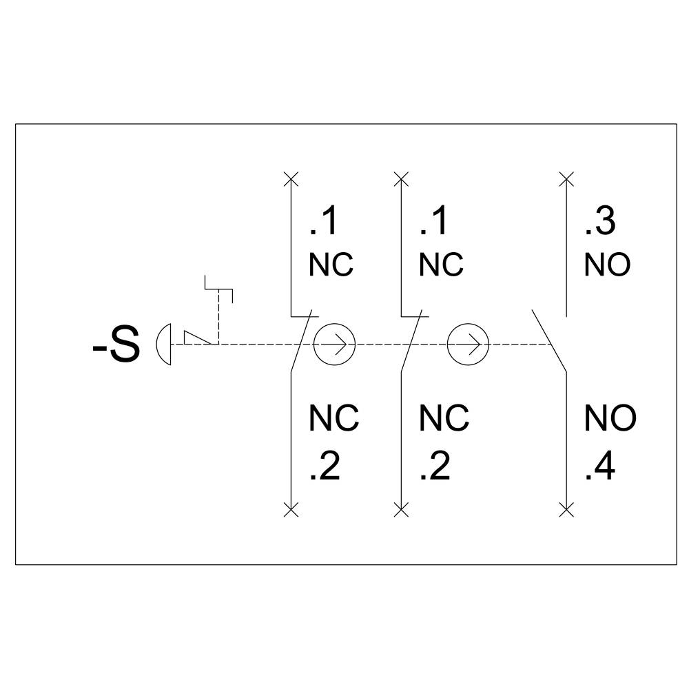 Elektrischer Schaltplan: Schalter (-S) mit Kontakten. Zwei NC 0,1, kleben an NC 0,2. NO 0,3, daneben kleben an NO 0,4.