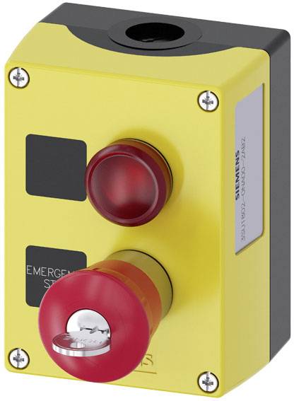 Ein Notschalter-Gehäuse mit rotem Not-Aus-Knopf und gelber Oberfläche, umgeben von einem schwarzen Rahmen.