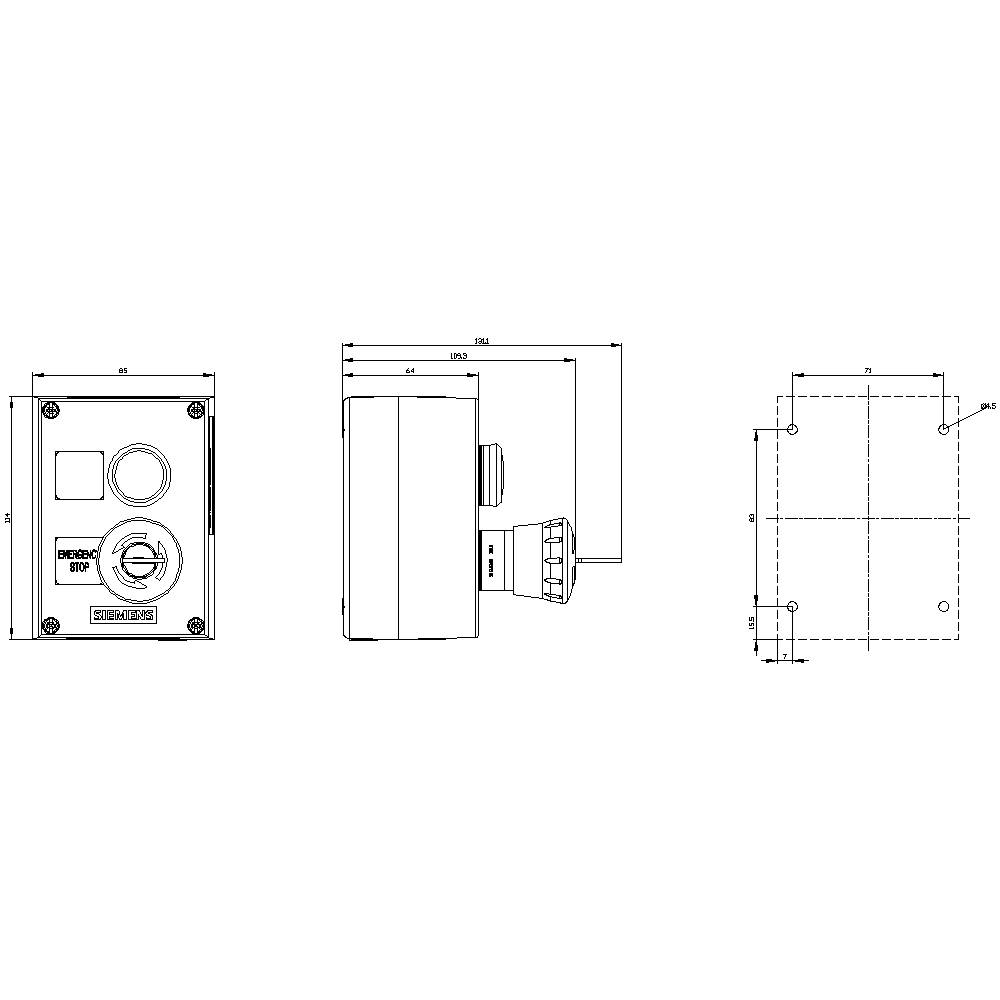 Technische Zeichnung eines quadratischen Gehäuses mit Abmessungen, Seiten- und Draufsicht, inklusive Bohrlochpositionen.