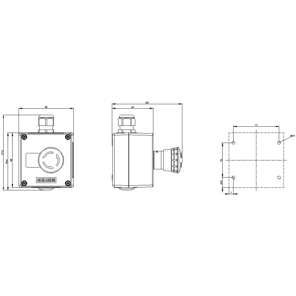Technische Zeichnung eines elektronischen Geräts mit drei Ansichten und Maßangaben, zeigt Details für die Konstruktion und Installation.