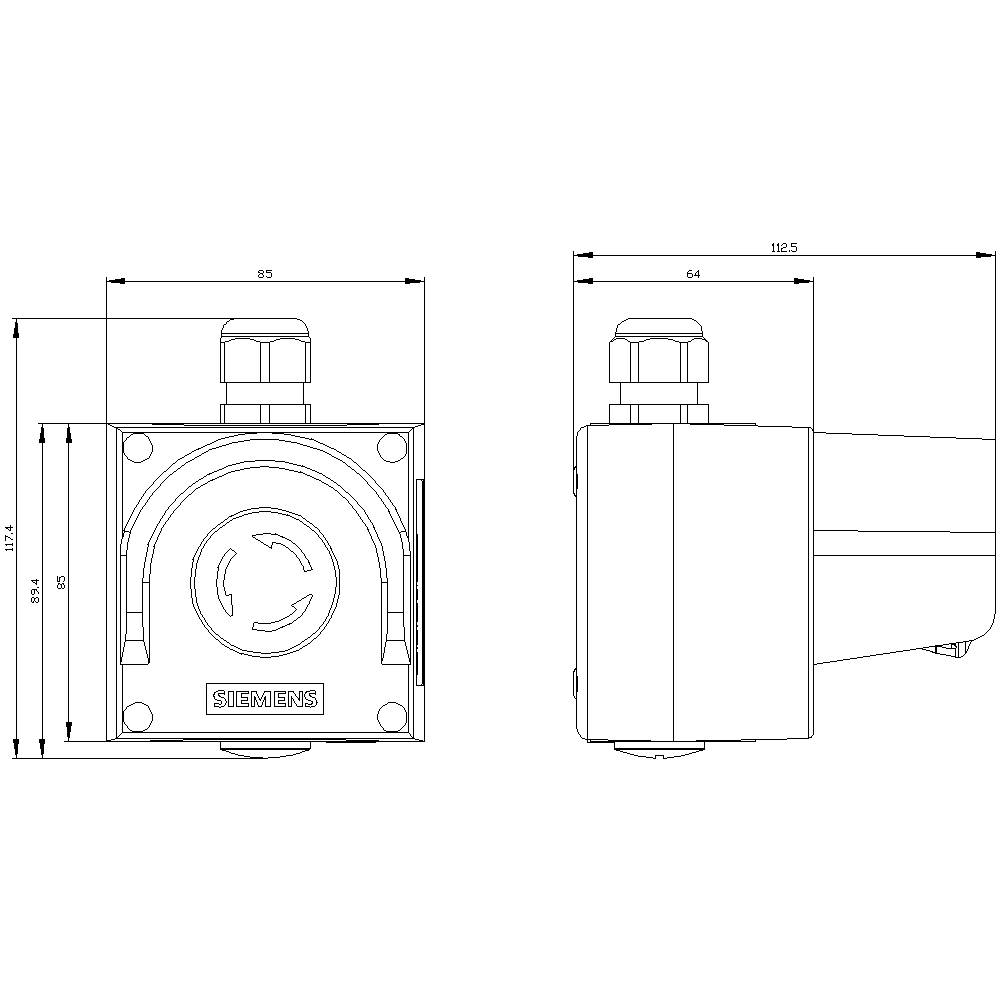 Eine technische Zeichnung zeigt zwei Ansichten eines quadratischen Geräts mit Maßen und Beschriftungen zur Montage. Links: Frontansicht, rechts: Seitenansicht.