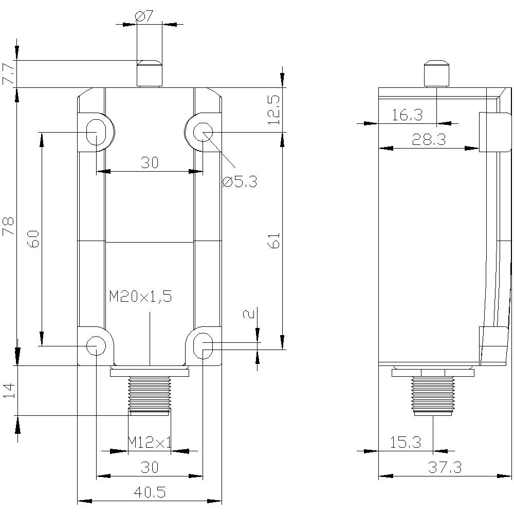 Strichzeichnung eines mechanischen Teils mit Abmessungen in Millimeter. Zeigt Schraubenlöcher, Gewinde M20x1,5 und M12x1.