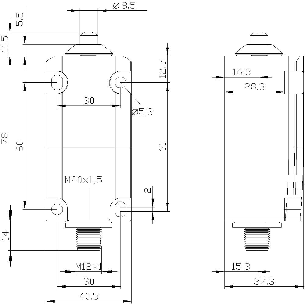 Technische Zeichnung eines Zylinders mit Abmessungen in Millimetern. Zeigt Front- und Seitenansicht mit Durchmesserangaben.