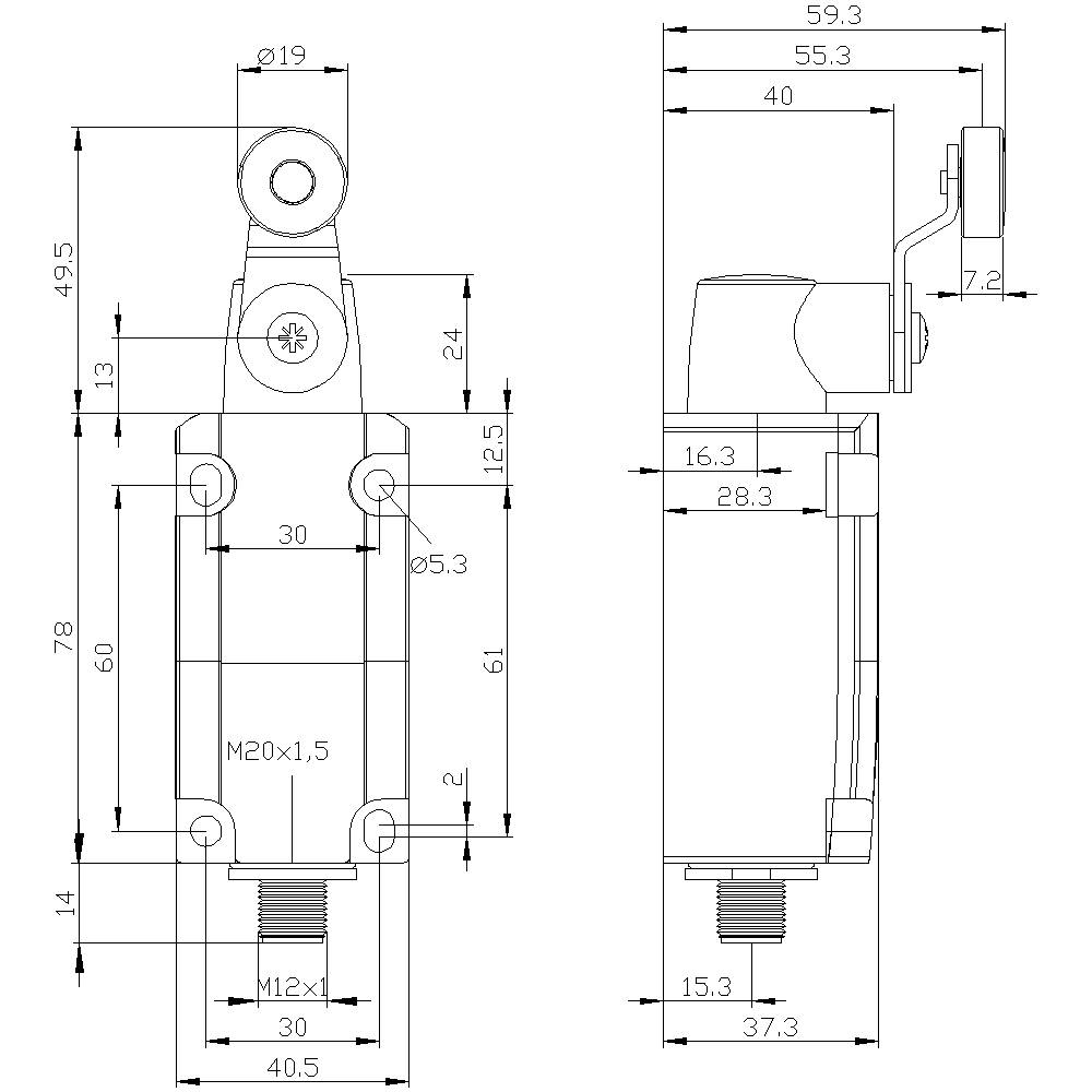 Technische Zeichnung eines Schalters mit Maßen in Millimeter. Vorder- und Seitenansicht zeigen Details wie Gehäusebreite und Höhe.