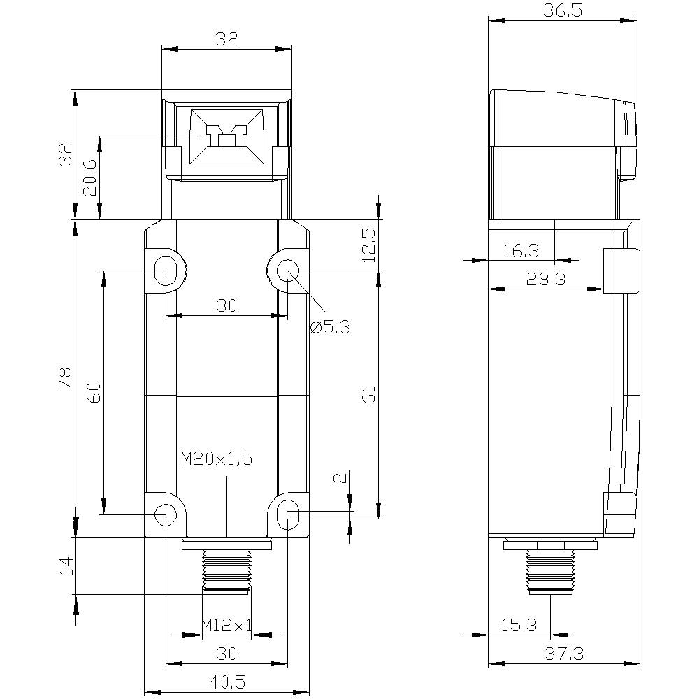 Eine technische Zeichnung eines rechteckigen Bauteils mit Maßen in Millimetern. Vorder- und Seitenansicht sind dargestellt.
