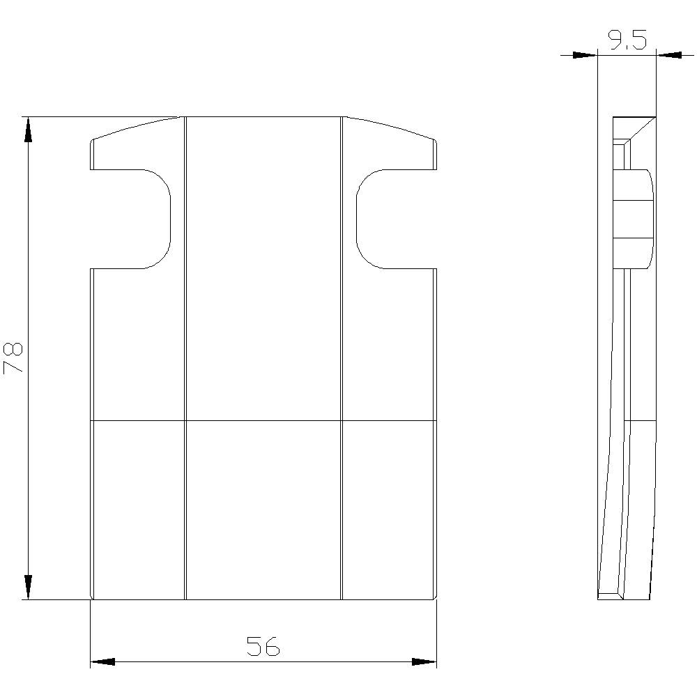 Technische Zeichnung eines Bauteils mit seitlicher und frontaler Ansicht. Maße: 78 mm Höhe, 56 mm Breite, 9,5 mm Tiefe.