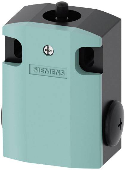 Ein elektrisches Siemens-Schaltergehäuse in Türkis und Schwarz mit abgerundeten Kanten und zwei seitlichen Schaltknöpfen.