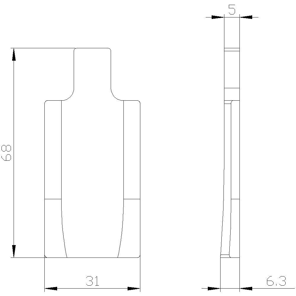 Technische Zeichnung eines Bauteils. Die Vorderansicht zeigt eine längliche Form mit Maßen: Höhe 68 mm, Breite 31 mm. Seitenansicht zeigt die Dicke von 6,3 mm.
