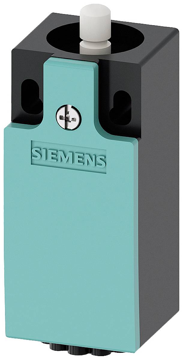 Ein türkisfarbenes Bauteil mit Siemens-Logo und einem weißen Knopf oben. Rechteckige Form, hauptsächlich schwarz.