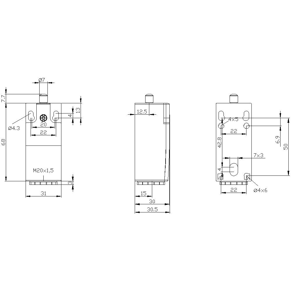 Technische Zeichnung eines rechteckigen Bauteils mit Maßen, Gewindebohrungen und Befestigungslöchern. Dreiseitenansicht dargestellt.