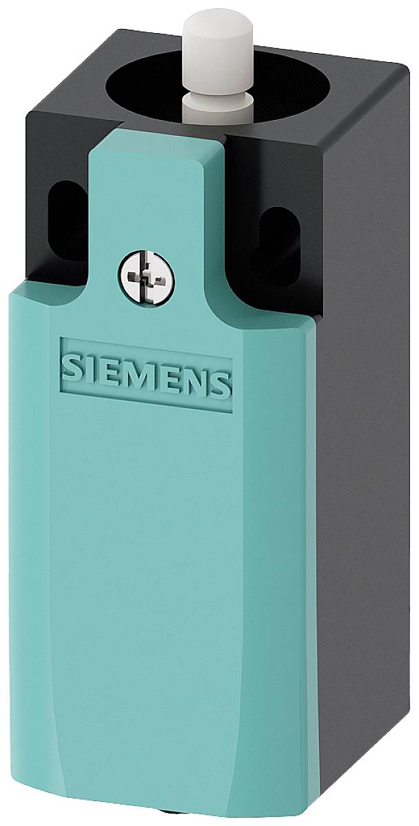 Ein blau-grüner Siemens-Schalter mit einem weißen Knopf oben auf einem schwarzen Gehäuse. Ideal für industrielle Anwendungen.