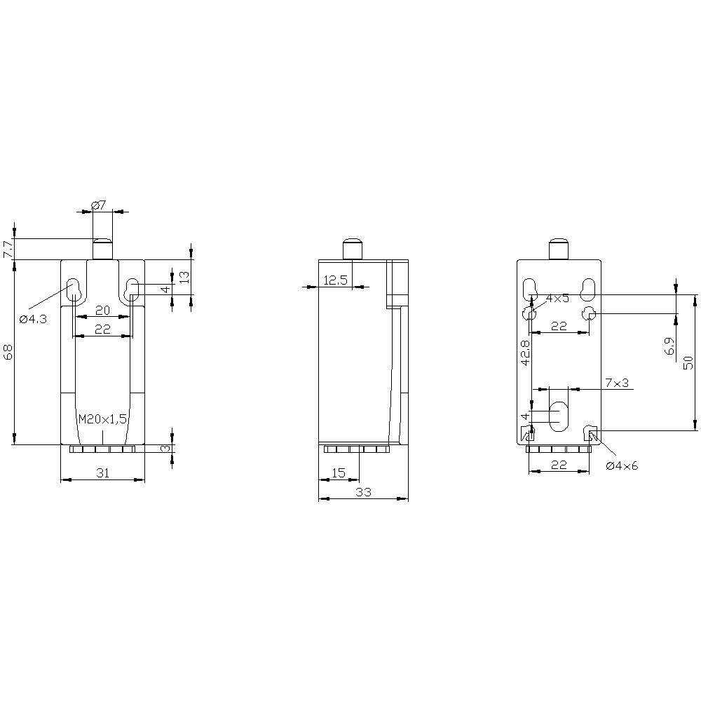 Technische Zeichnung eines zylindrischen Bauteils mit Maßen in Millimetern. Ansichten: Vorderansicht, Seitenansicht, Draufsicht.