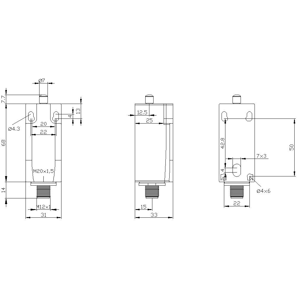 Technische Zeichnung eines zylindrischen Bauteils mit Detailmaßen, Ansichten von vorne und der Seite, Gewinde und Anschlussmaße detailliert.