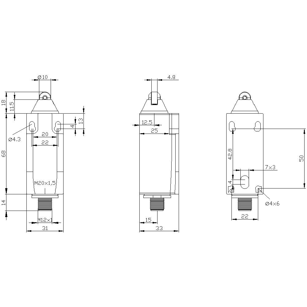 Technische Zeichnung eines Zylinders mit Maßen. Zeigt Ansichten von vorne, seitlich und oben. Markiert sind Gewinde, Bohrungen und Längen.