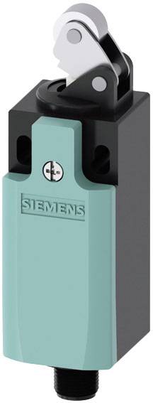 Ein blau-schwarzer Endschalter mit Hebelarm von Siemens. Hauptsächlich genutzt zur Erkennung von Maschinenpositionen oder als Sicherheitsschalter.
