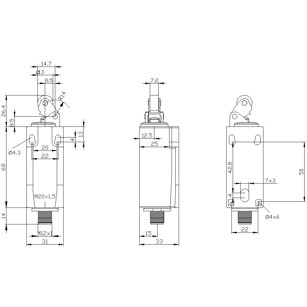 Technische Zeichnung eines Bauteils mit verschiedenen Ansichten und Maßen, inklusive Gewindedetails und Verbindungen.