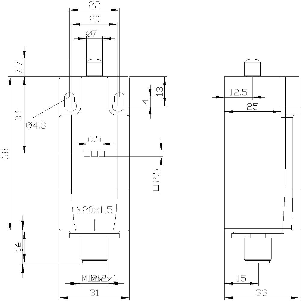 Technische Zeichnung eines Bauteils mit wichtigen Maßen: Gesamtlänge 110 mm, Breite 31 mm, M20x1,5 Gewinde, Bohrungsdurchmesser 4,3 mm.