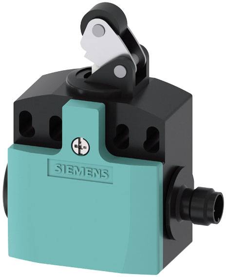 Ein schwarzer und türkisfarbener Siemens-Schalter mit einem Hebelmechanismus. Der Schalter ist quadratisch und zeigt das Siemens-Logo.