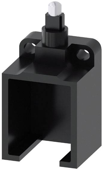 Ein rechteckiger, schwarzer Kunststoffhalter mit zwei Schraubenlöchern und einem herausstehenden Stift an der Oberseite.