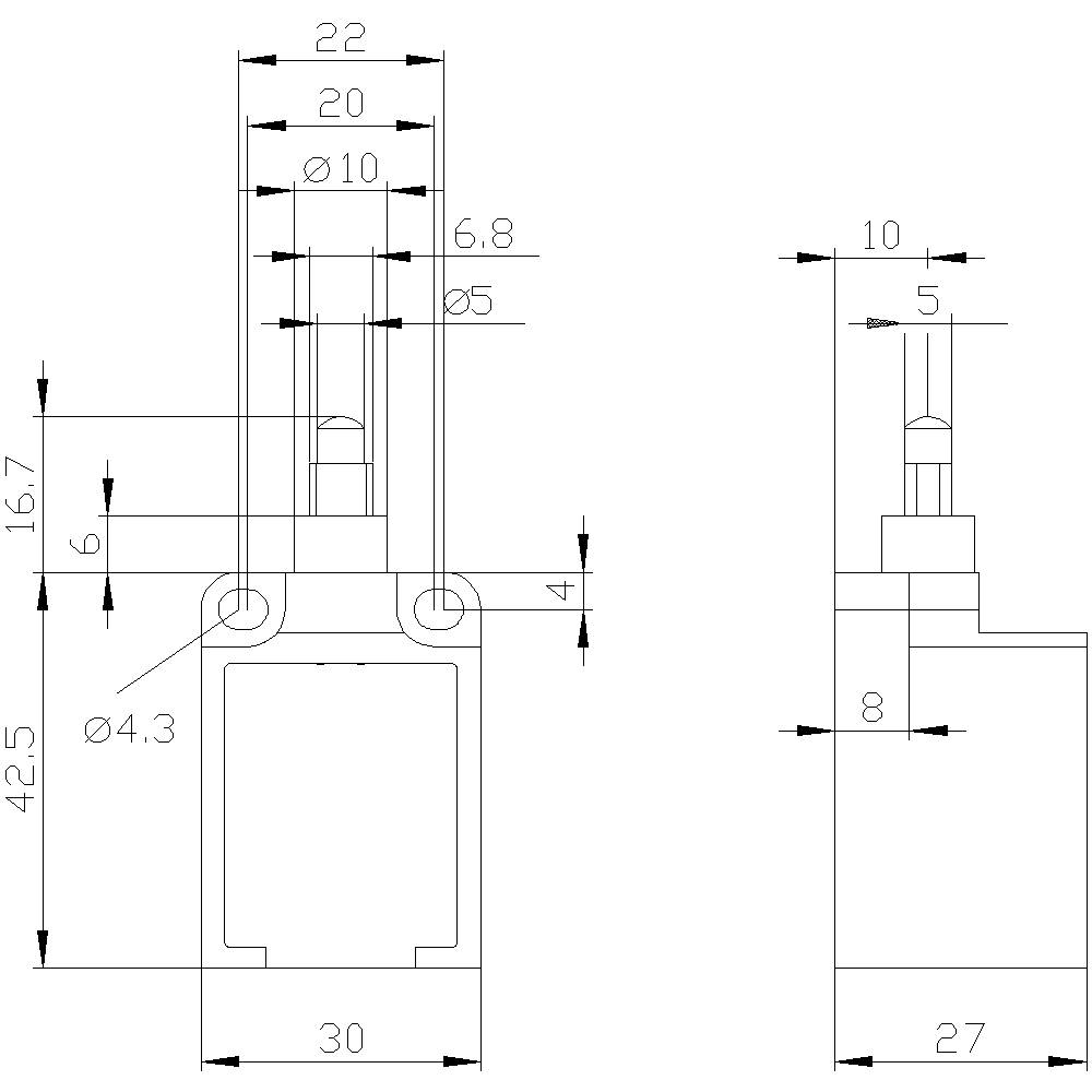 Technische Zeichnung eines Zylinders mit Bemaßungen: Höhe 42,5 mm, Breite 30 mm, Kolbenstangendurchmesser 10 mm, Bohrung Ø5 mm.