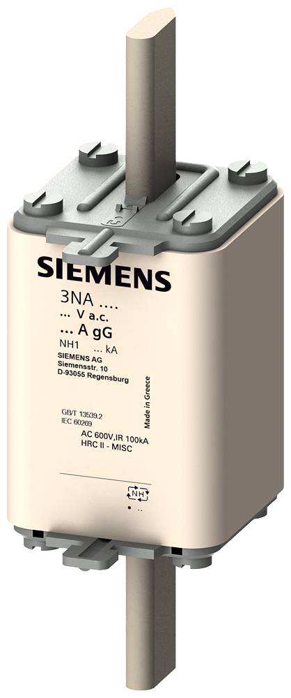 Eine Hochspannungs-Sicherung von Siemens, Modell 3NA, 600V, dargestellt auf einem vertikalen Träger, für industrielle Elektriksysteme.